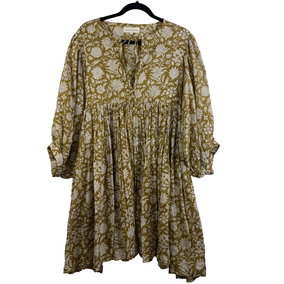 Daughters Of India Kyra Mini Dress XL Olive Floral Balloon Sleeve Boho Indie - Picture 1 of 16